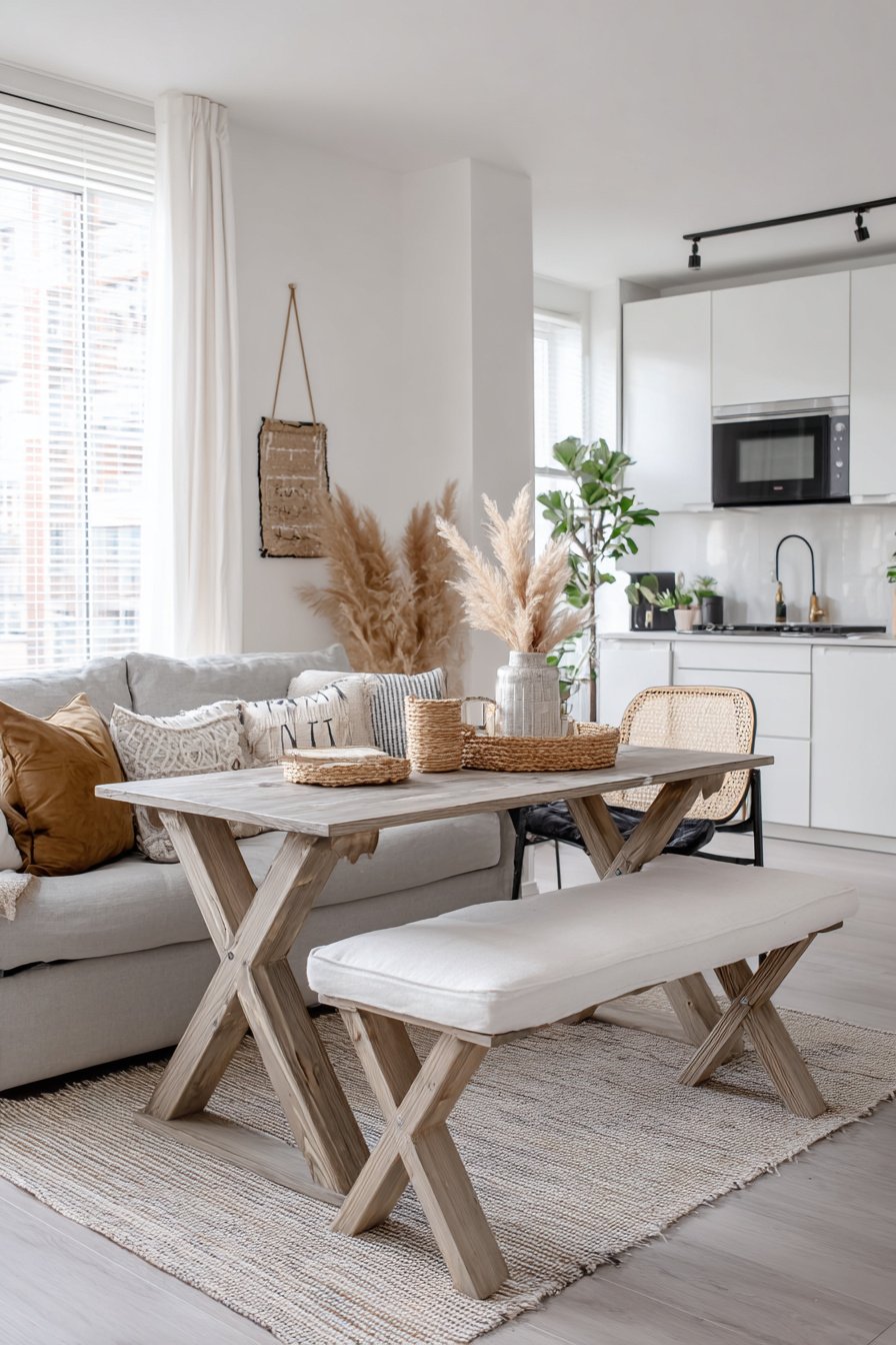 Gemütlich eingerichtetes kleines Wohnzimmer mit Küche in warmen Naturtönen und skandinavischem Stil