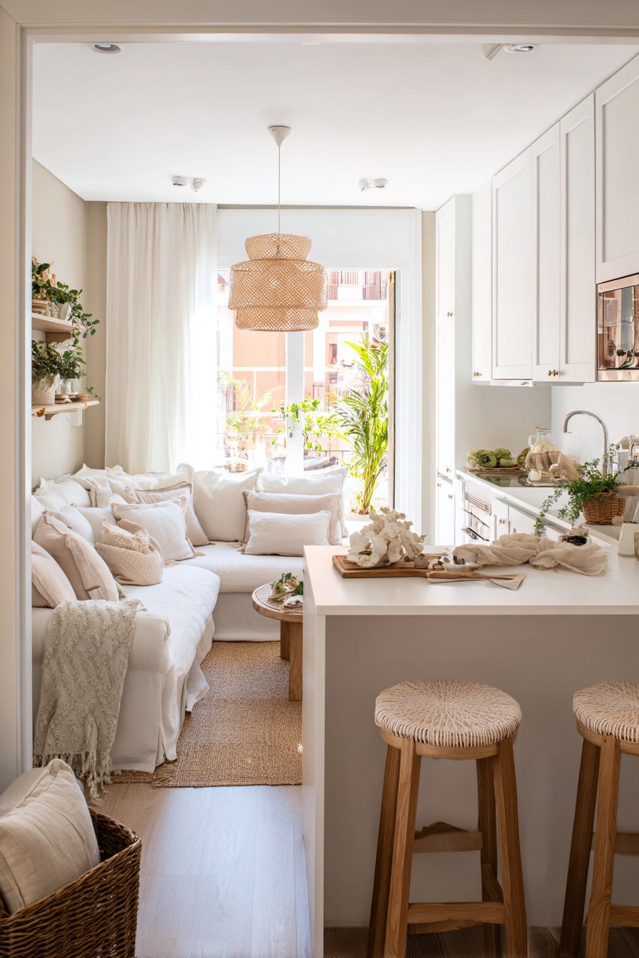 Helles, liebevoll eingerichtetes Wohnzimmer mit offener Küche und Naturmaterialien