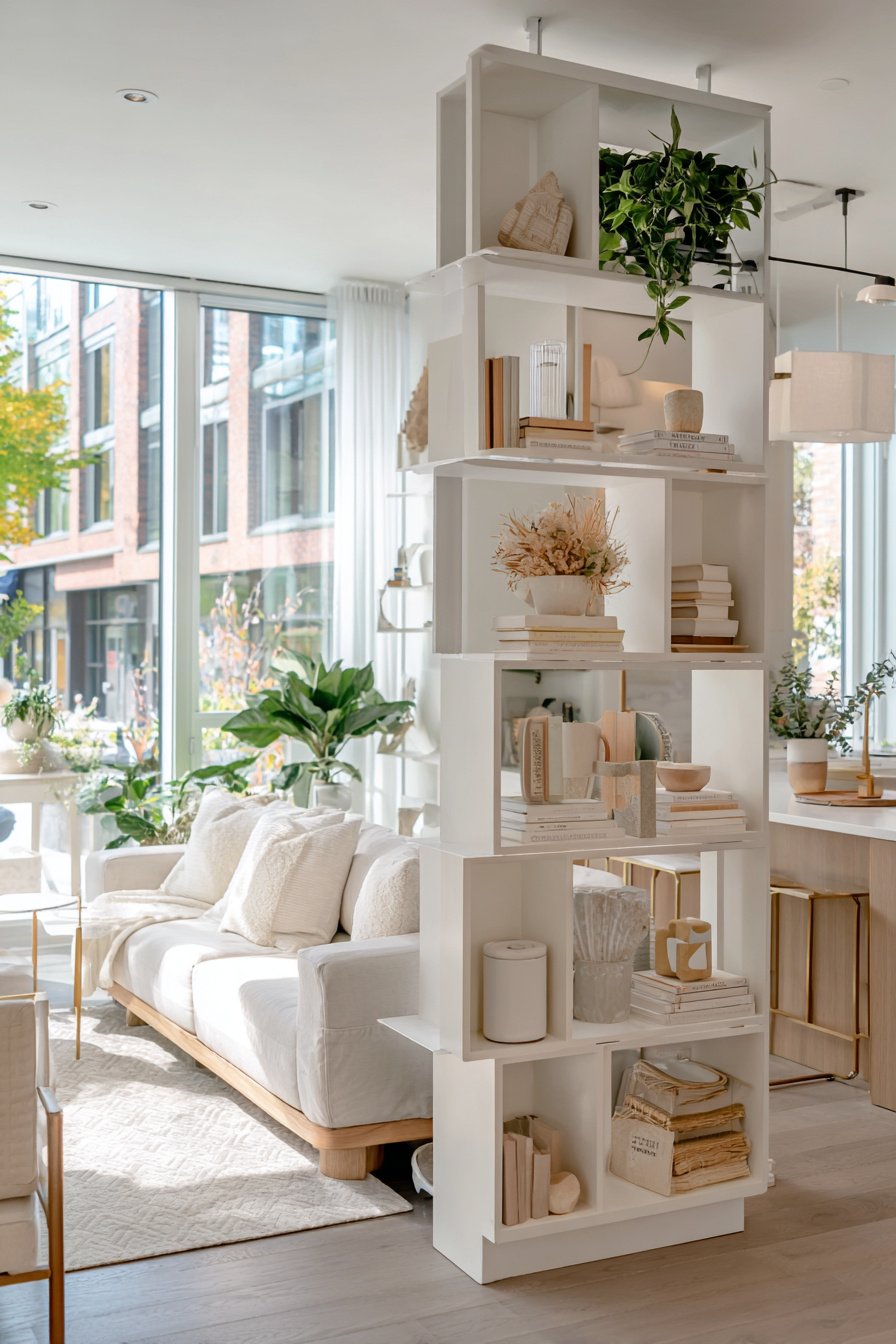 Helles Wohnzimmer mit Küche, Raumtrenner-Regal und gemütlichem Sofa