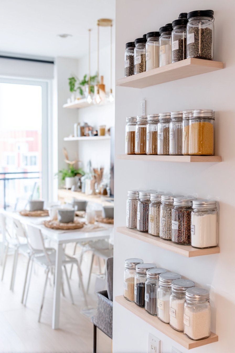 Offenes Regal mit Gewürzgläsern an der Wand neben kleinem Essbereich