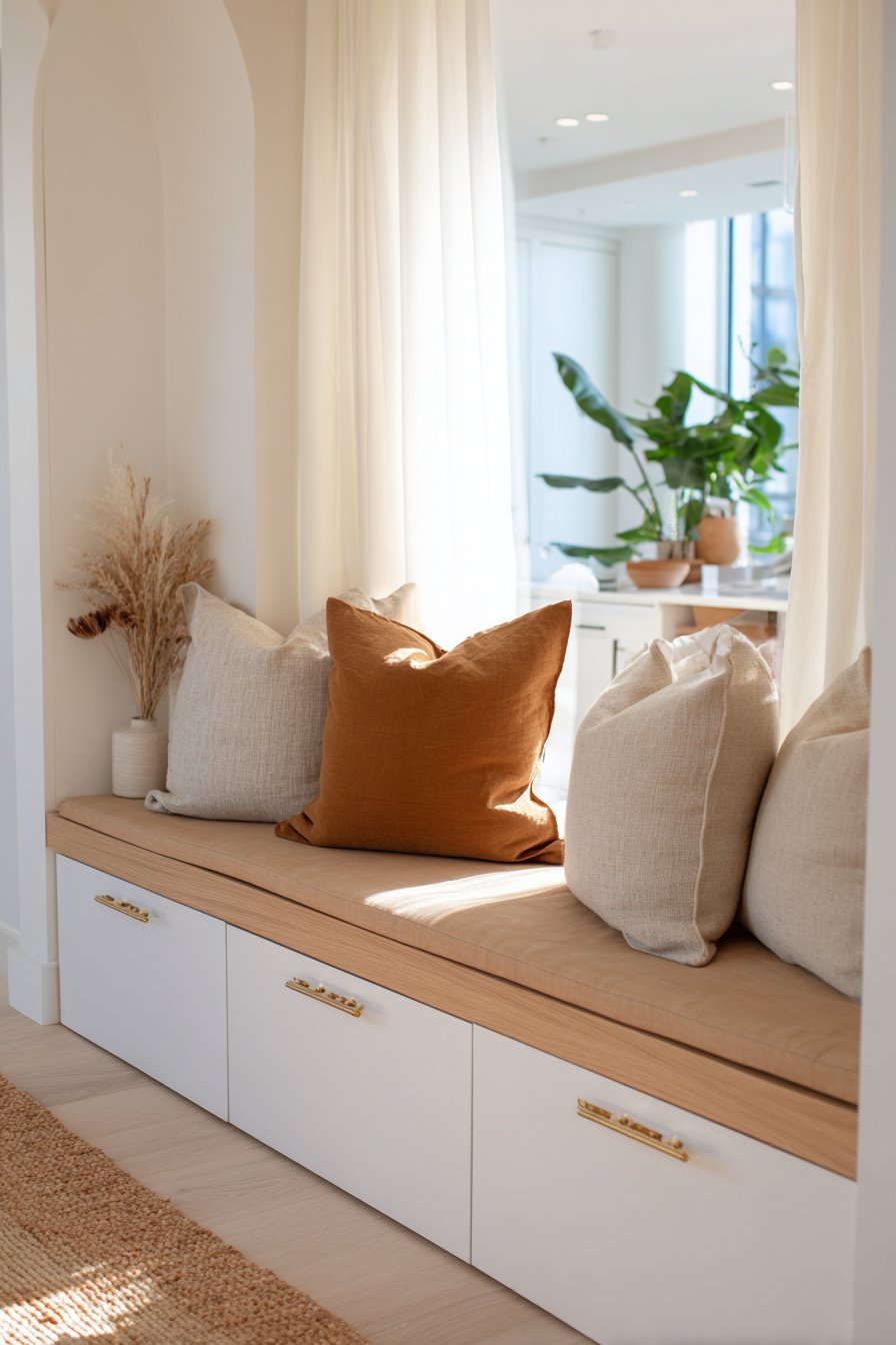 Gemütliche Sitzbank mit Kissen und integriertem Stauraum vor hellen Vorhängen