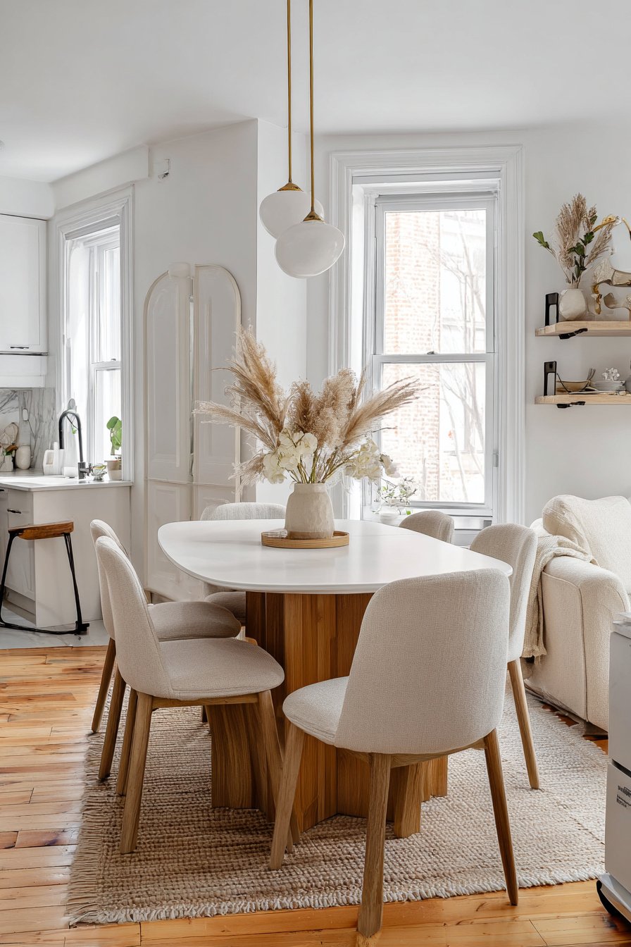 Helles kleines Wohnzimmer mit integriertem Essbereich und Küche