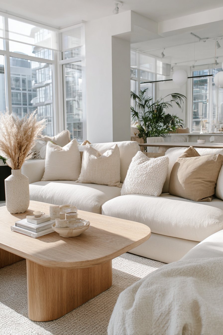 Helles Wohnzimmer mit beiger Couch, Holztisch und Deko aus Naturmaterialien