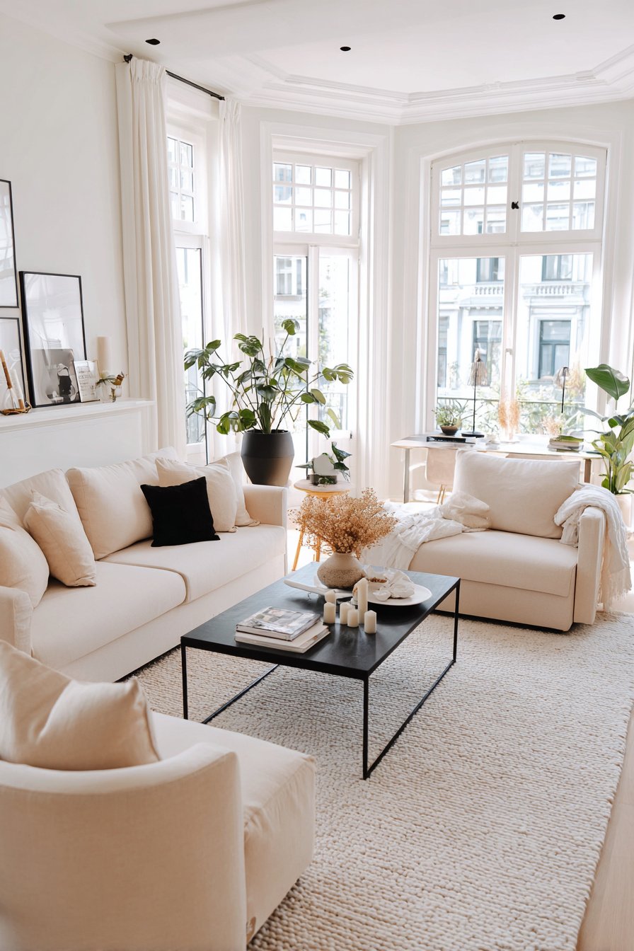 Helles Wohnzimmer mit beigen Sofas, schwarzem Couchtisch und großen Fenstern