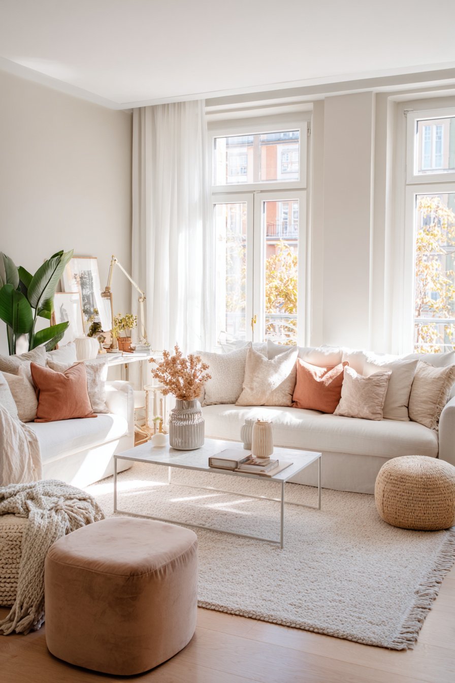 Helles Wohnzimmer in Beigetönen mit Sofas, Deko und natürlichem Licht