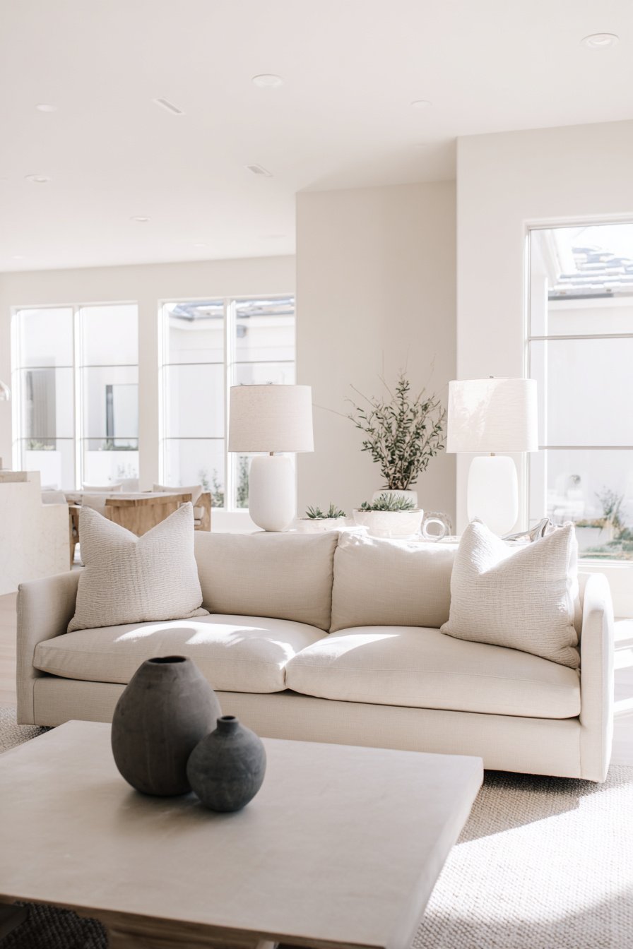 Modernes, helles Wohnzimmer mit beiger Couch und Deko in Naturtönen