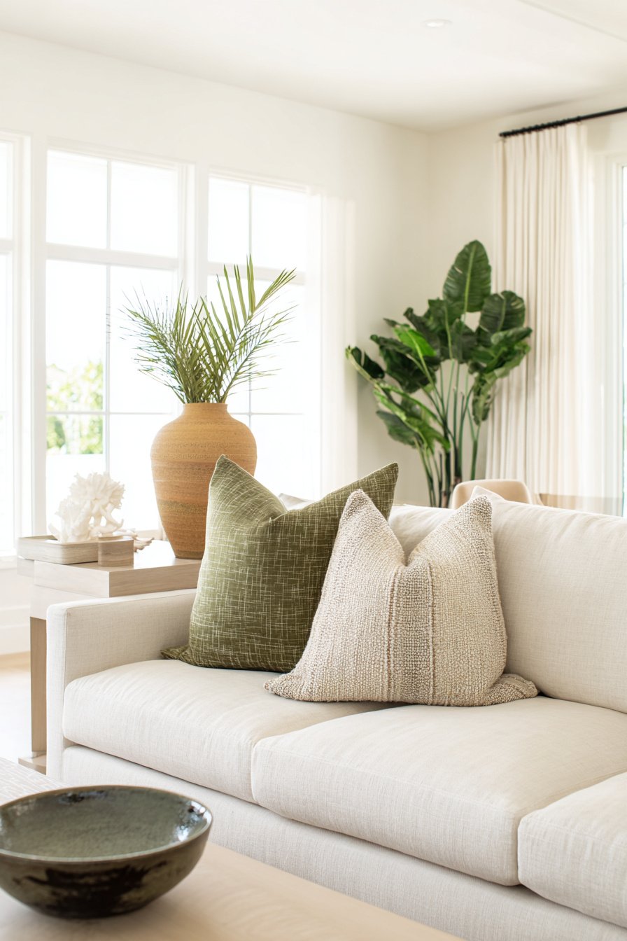 Beiges Sofa mit grünen Kissen, großer Vase und Pflanzen im modernen Wohnzimmer