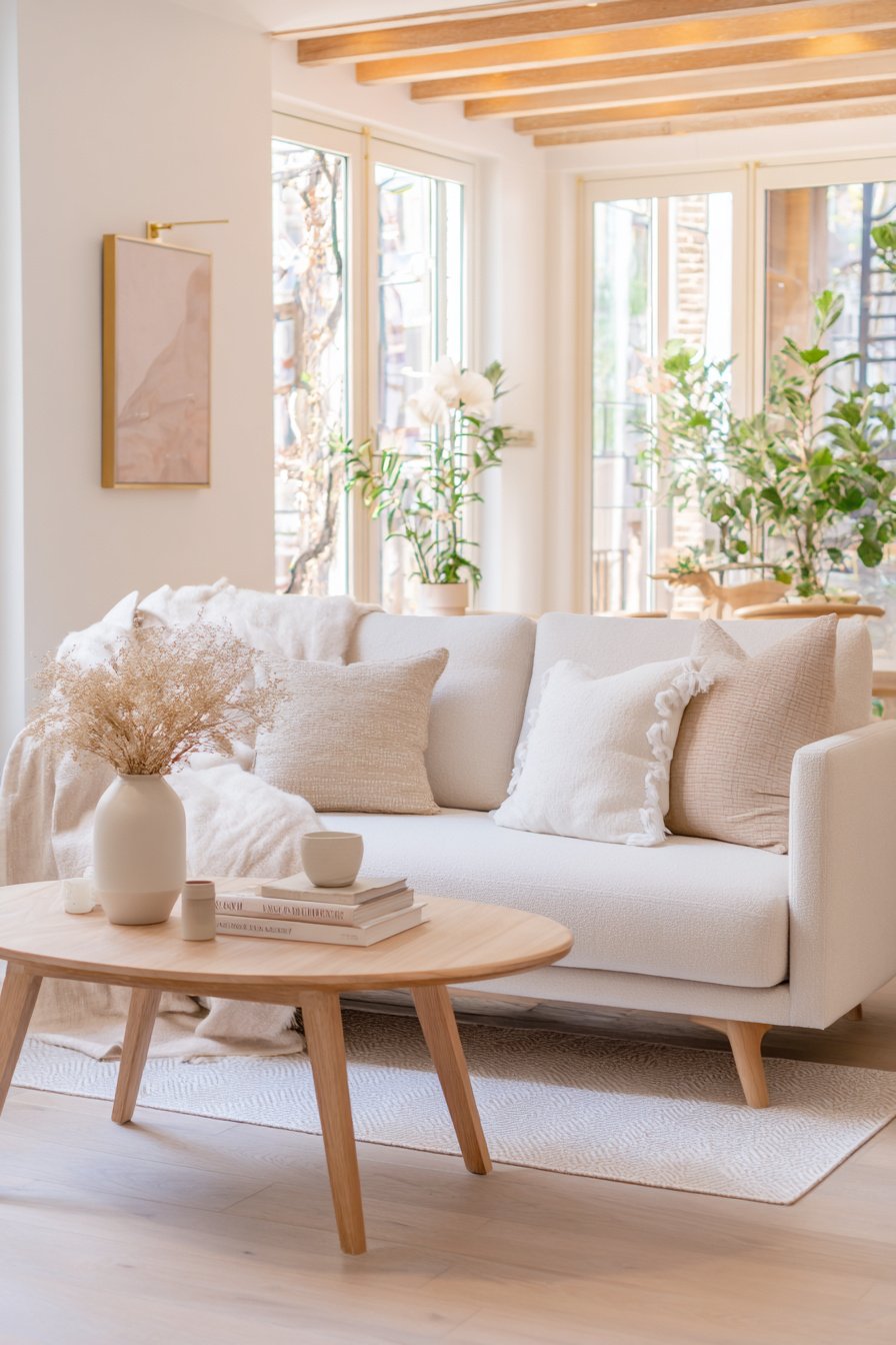 Helles Wohnzimmer mit beiger Couch, Kissen, Holztisch und Pflanzen