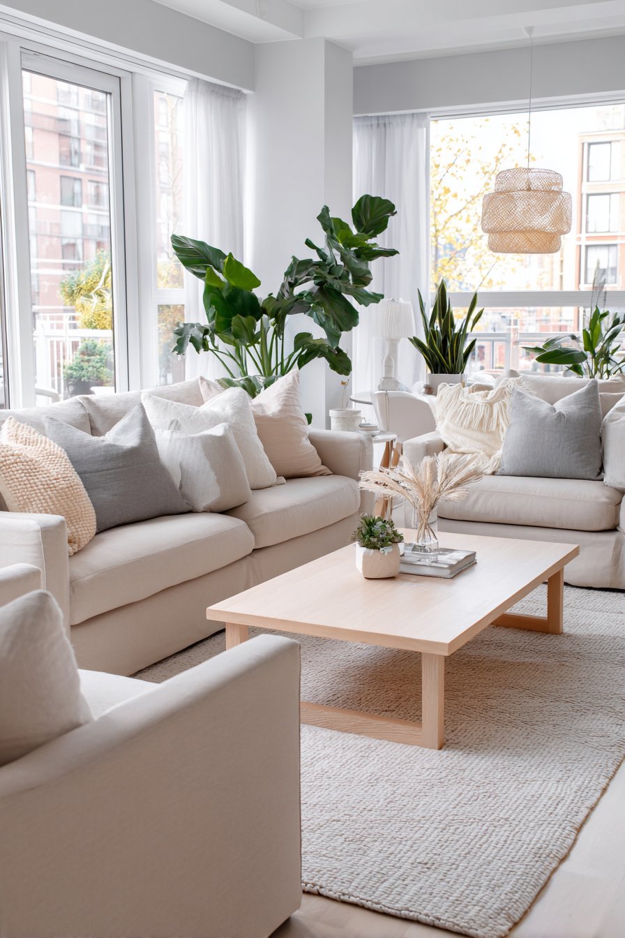 Helles Wohnzimmer mit beigen Sofas, hellholzfarbenem Couchtisch und großen grünen Pflanzen