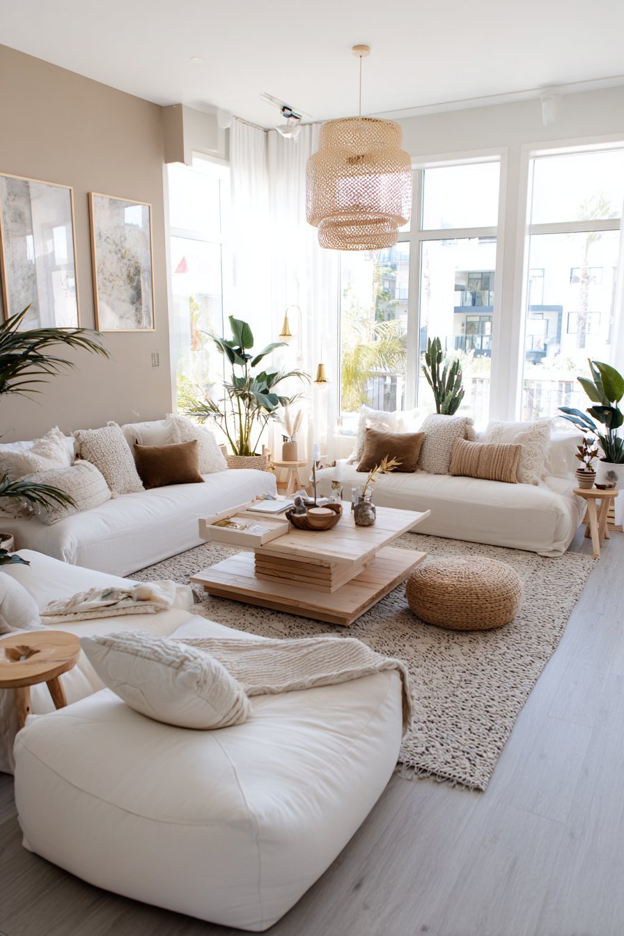 Helles, modernes Wohnzimmer mit beigen Akzenten, Holzmöbeln und großen Pflanzen