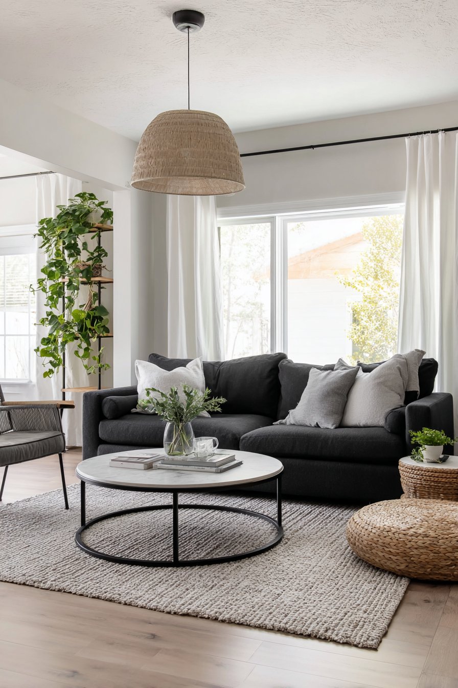 Modern eingerichtetes graues Wohnzimmer mit Sofa, runder Couchtisch, Pflanze und natürlicher Beleuchtung