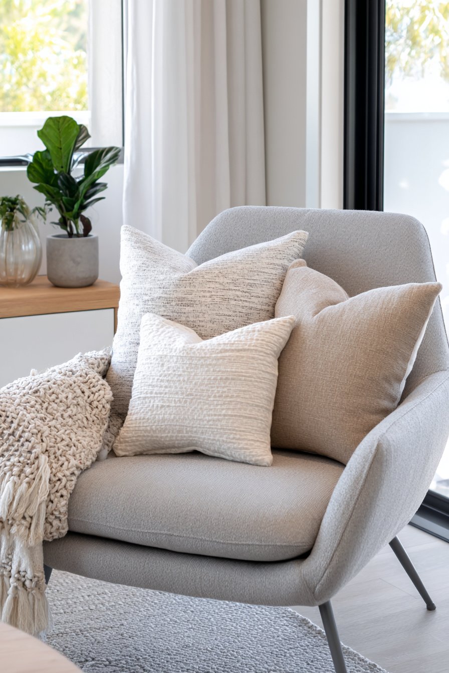 Hellgrauer Sessel mit beigefarbenen Kissen, Decke und Zimmerpflanzen neben Fenster