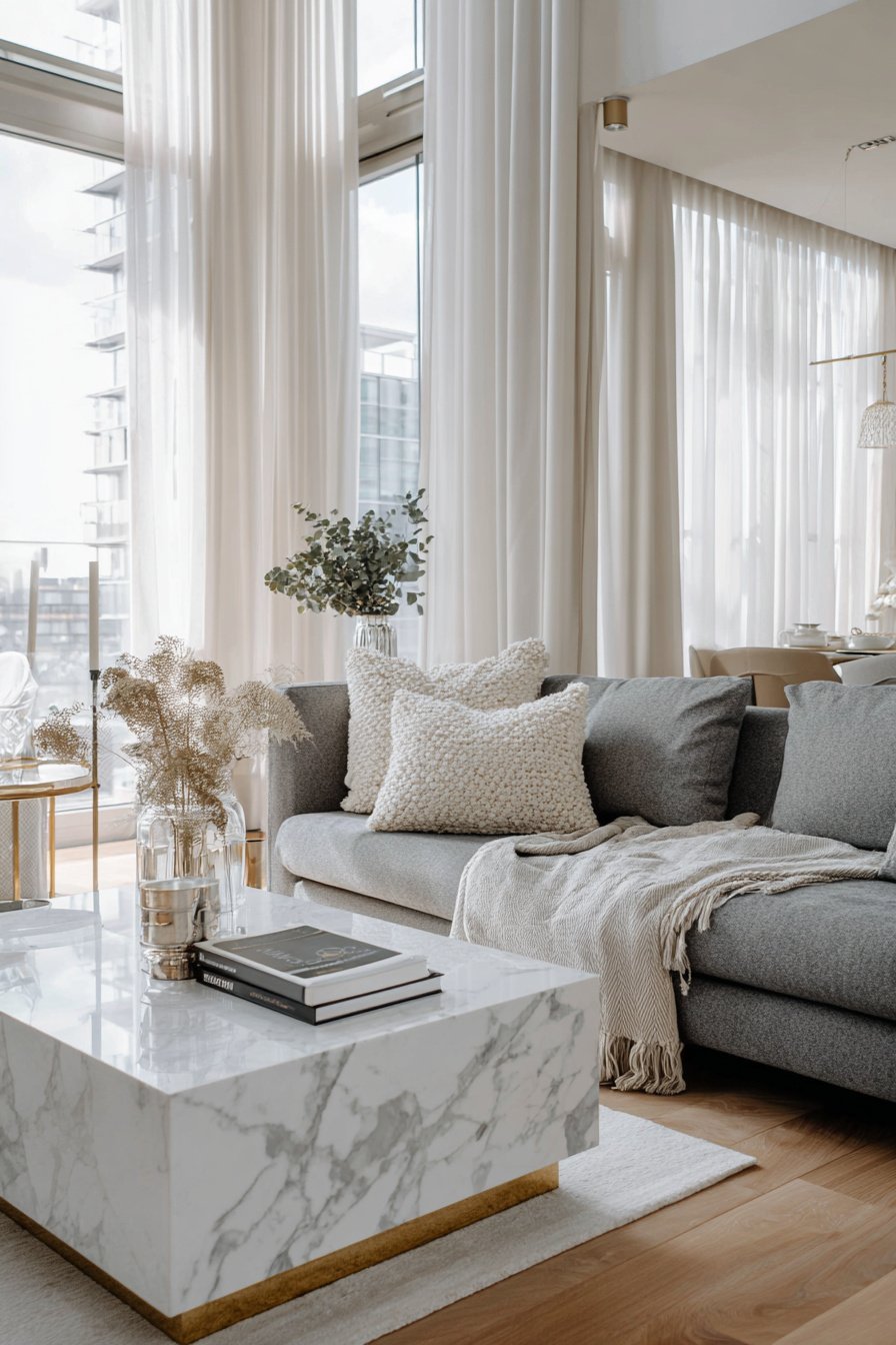 Modernes Wohnzimmer mit grauem Sofa, Marmor-Couchtisch und heller Dekoration