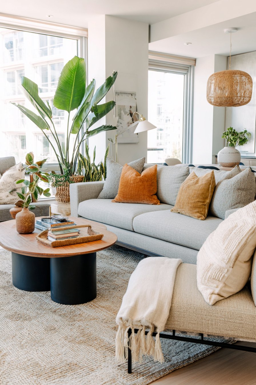 Modernes Wohnzimmer mit grauem Sofa, Holztisch und großen Zimmerpflanzen