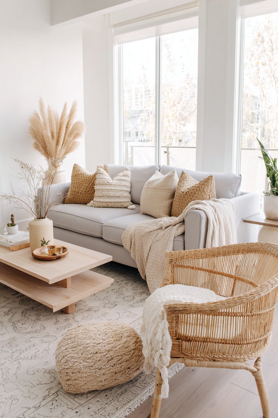 Modern eingerichtetes Wohnzimmer in Grau mit Naturtönen, Sofa, Deko und Rattanmöbeln