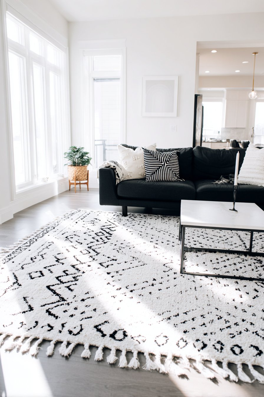 Modernes Wohnzimmer mit schwarzem Sofa, geometrischen Kissen und weißem Teppich