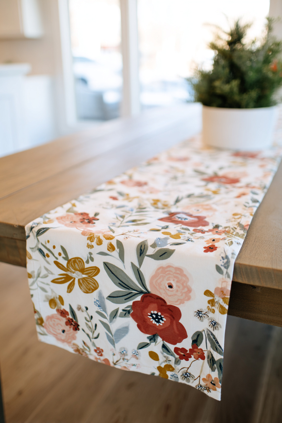 Bunter Blumen-Tischläufer auf Holztisch im Frühling