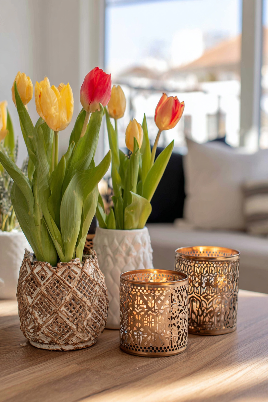 Kerzenhalter und Tulpen als Tischdeko im Frühling