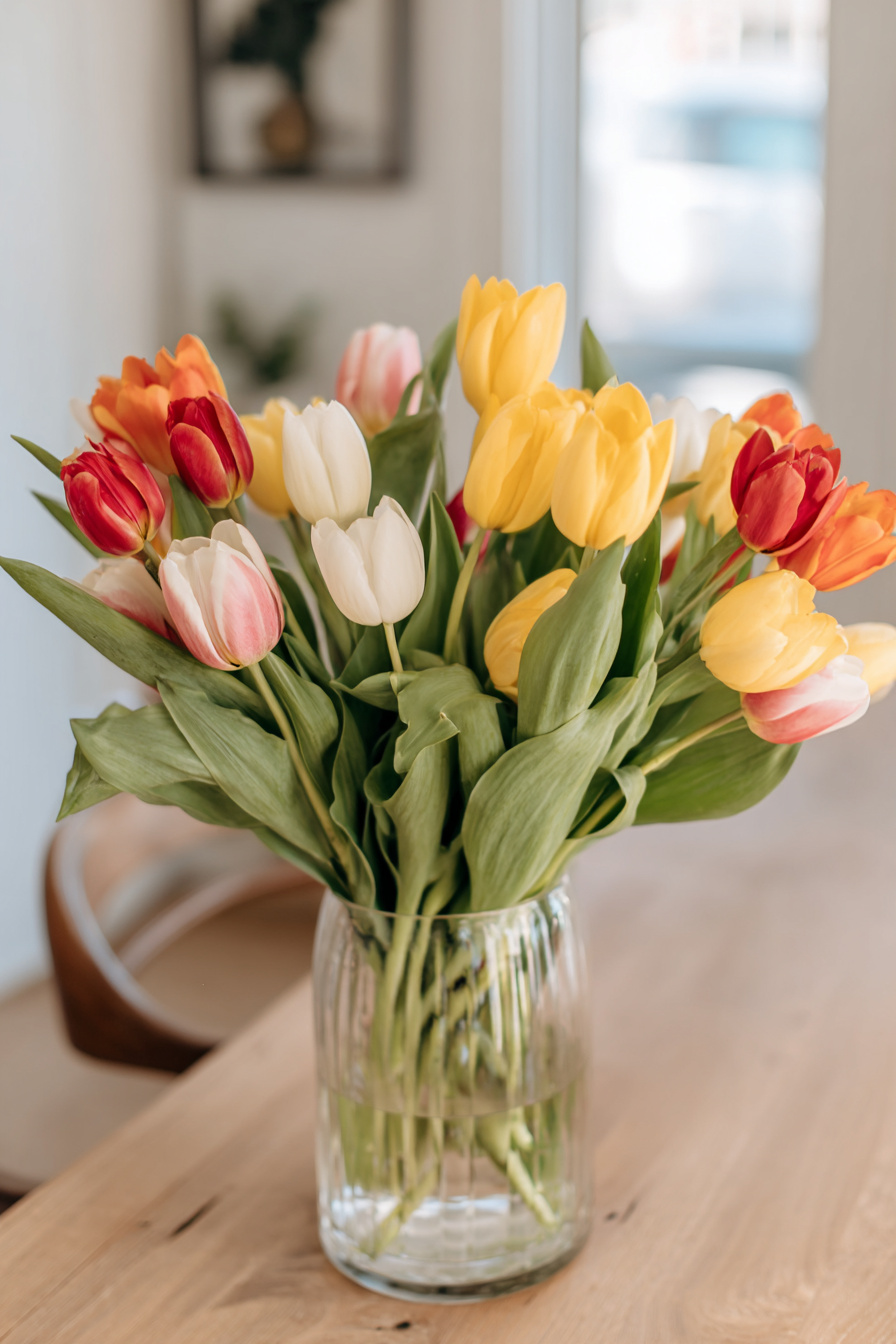 Glasvase mit bunten Tulpen auf Holztisch