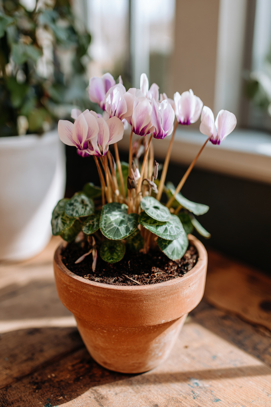 Kleiner Terrakotta-Blumentopf mit Krokussen auf Holztisch