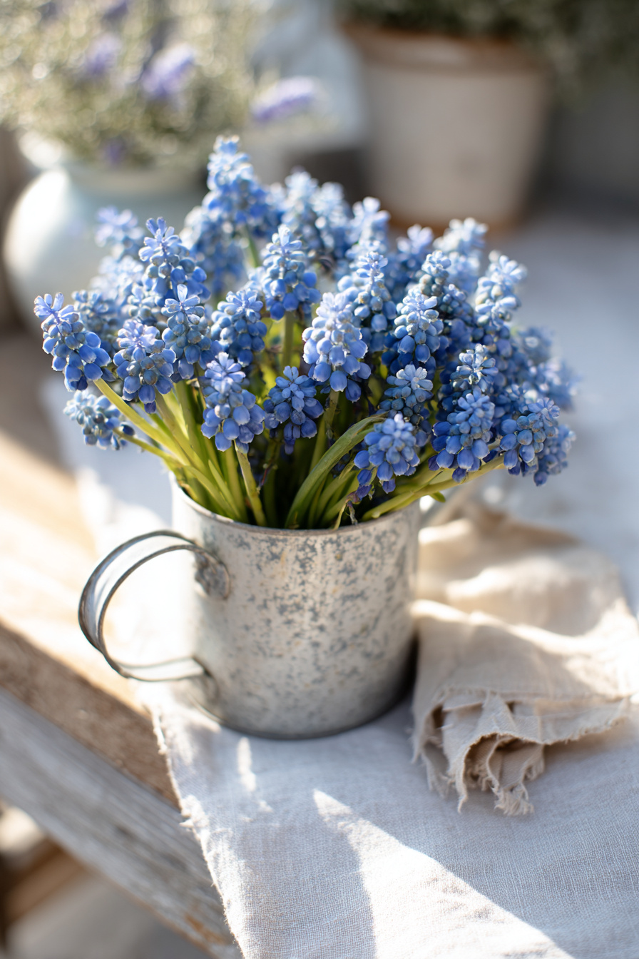 Mini-Gießkanne mit blauen Traubenhyazinthen auf Leinentischdecke