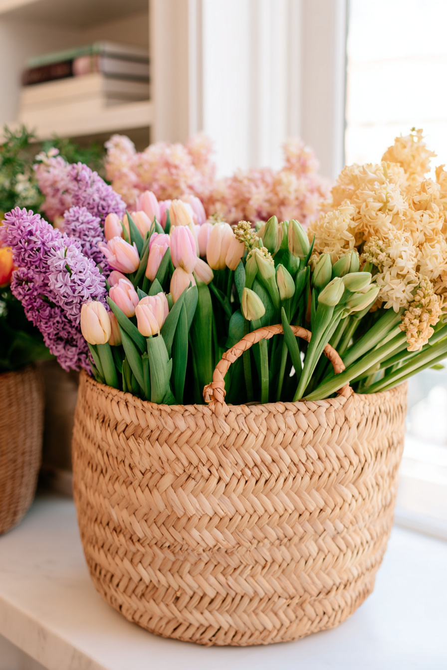 Weidenkorb mit pastellfarbenen Frühlingsblumen auf Tisch