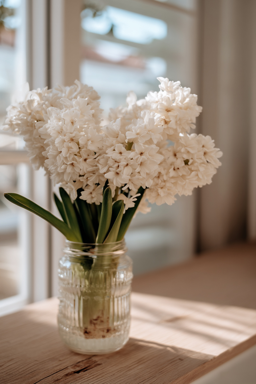 Einmachglas mit weißer Hyazinthe als Frühlingsdeko