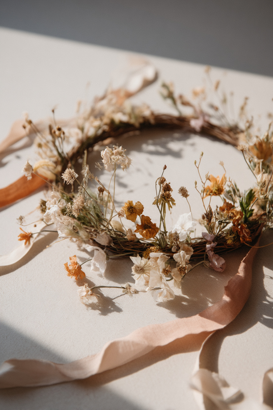 Astkranz mit getrockneten Frühlingsblumen und Schleifen