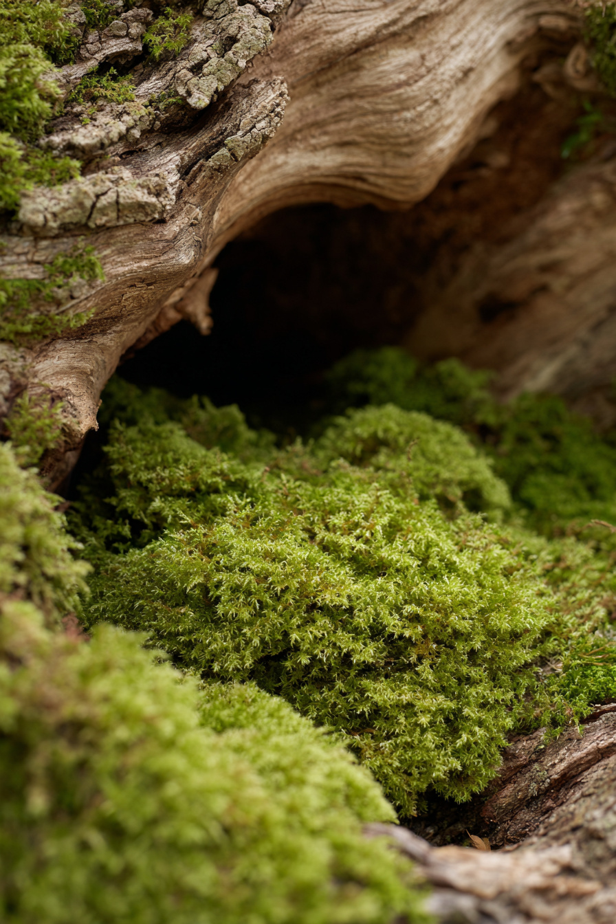 Baumrinde gefüllt mit leuchtend grünem Moos