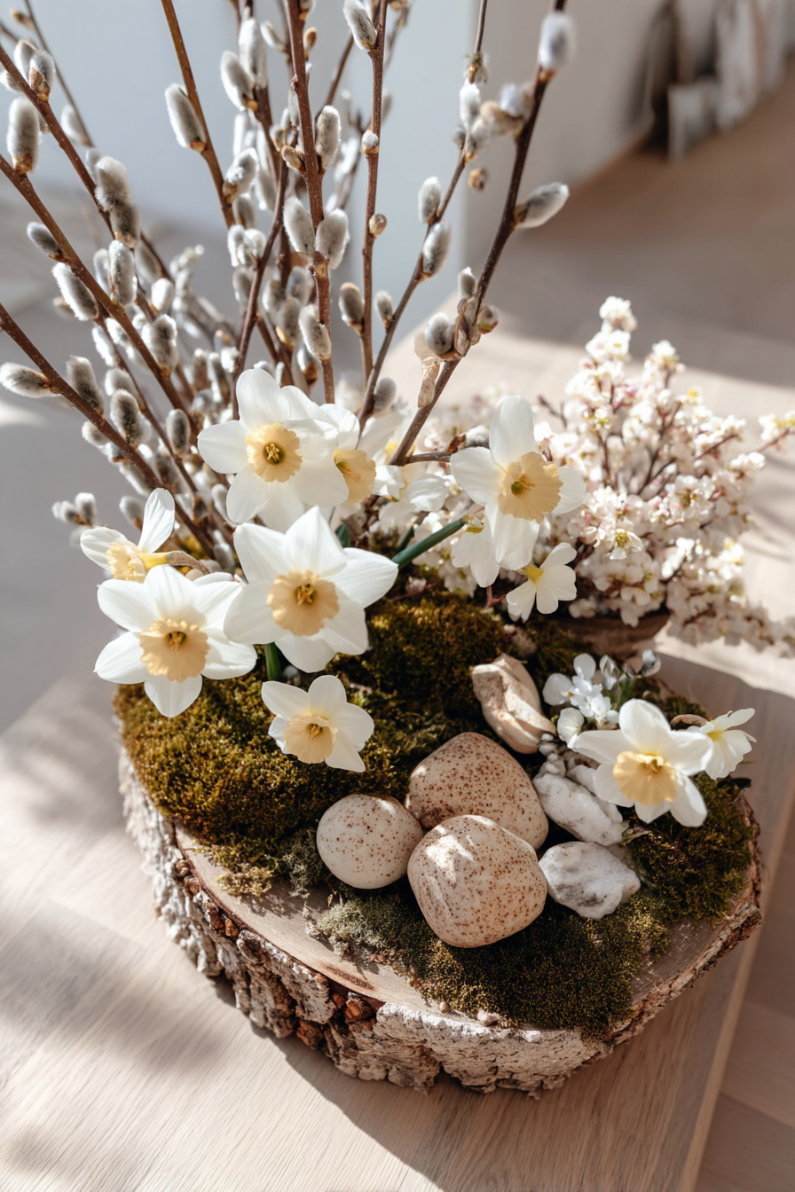 Baumscheibe mit Moos, Narzissen und Weidenkätzchen dekoriert