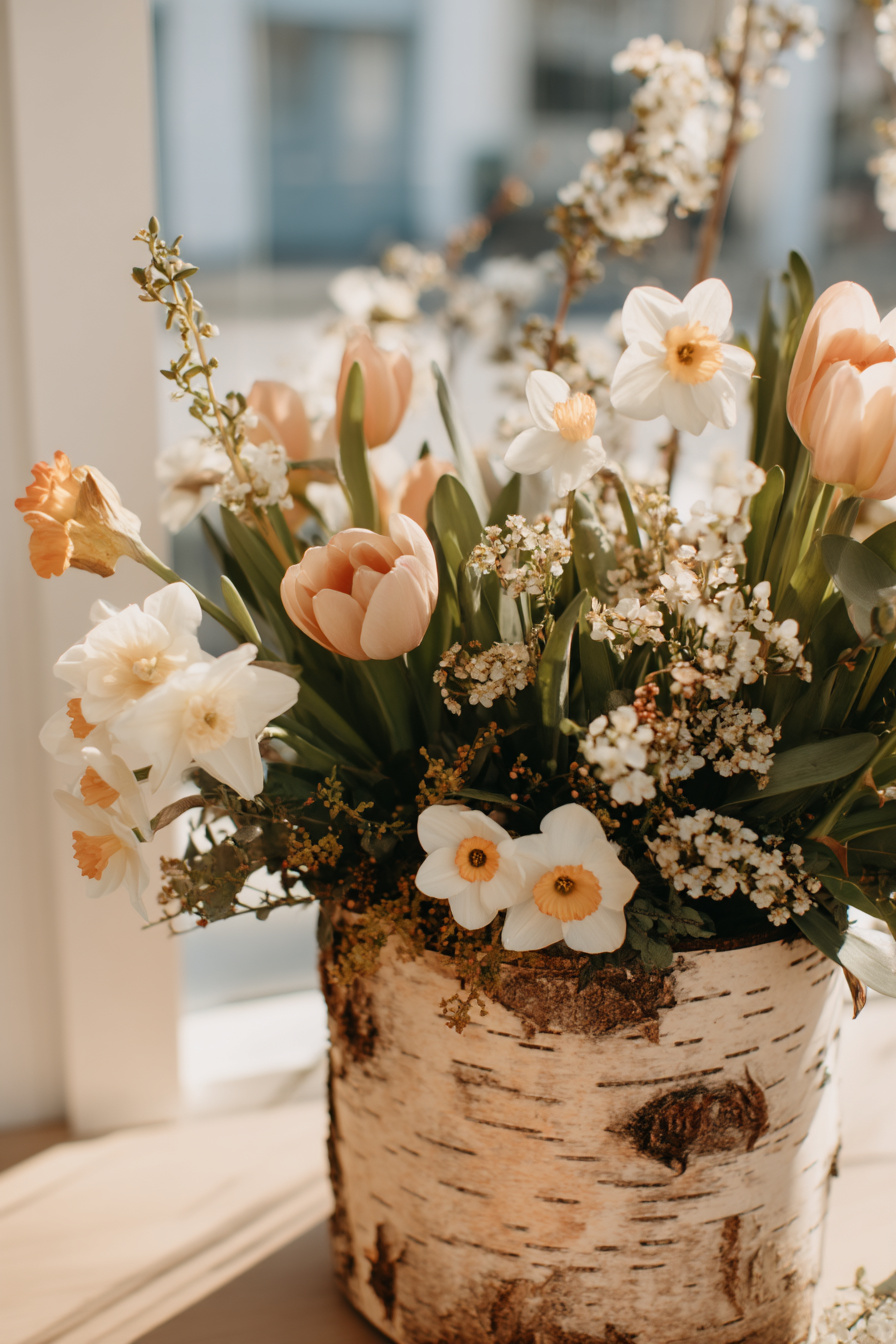 Birkenrinde mit Frühlingsblumen rustikal dekoriert