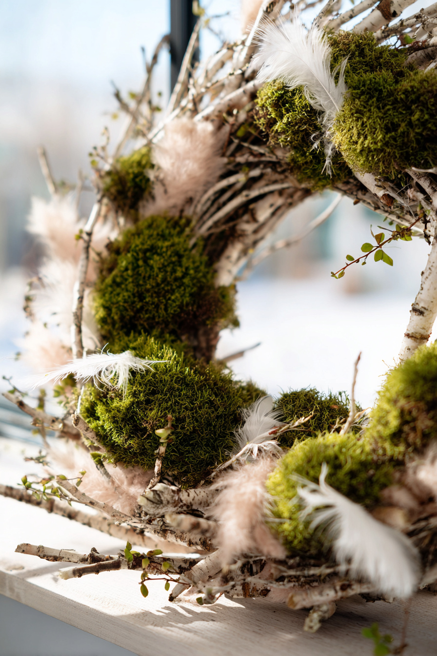 Birkenzweig-Kranz mit Moos und weißen Federn