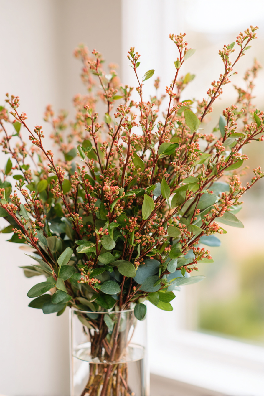 Bunter Aststrauß mit frischen Blättern in Glasvase