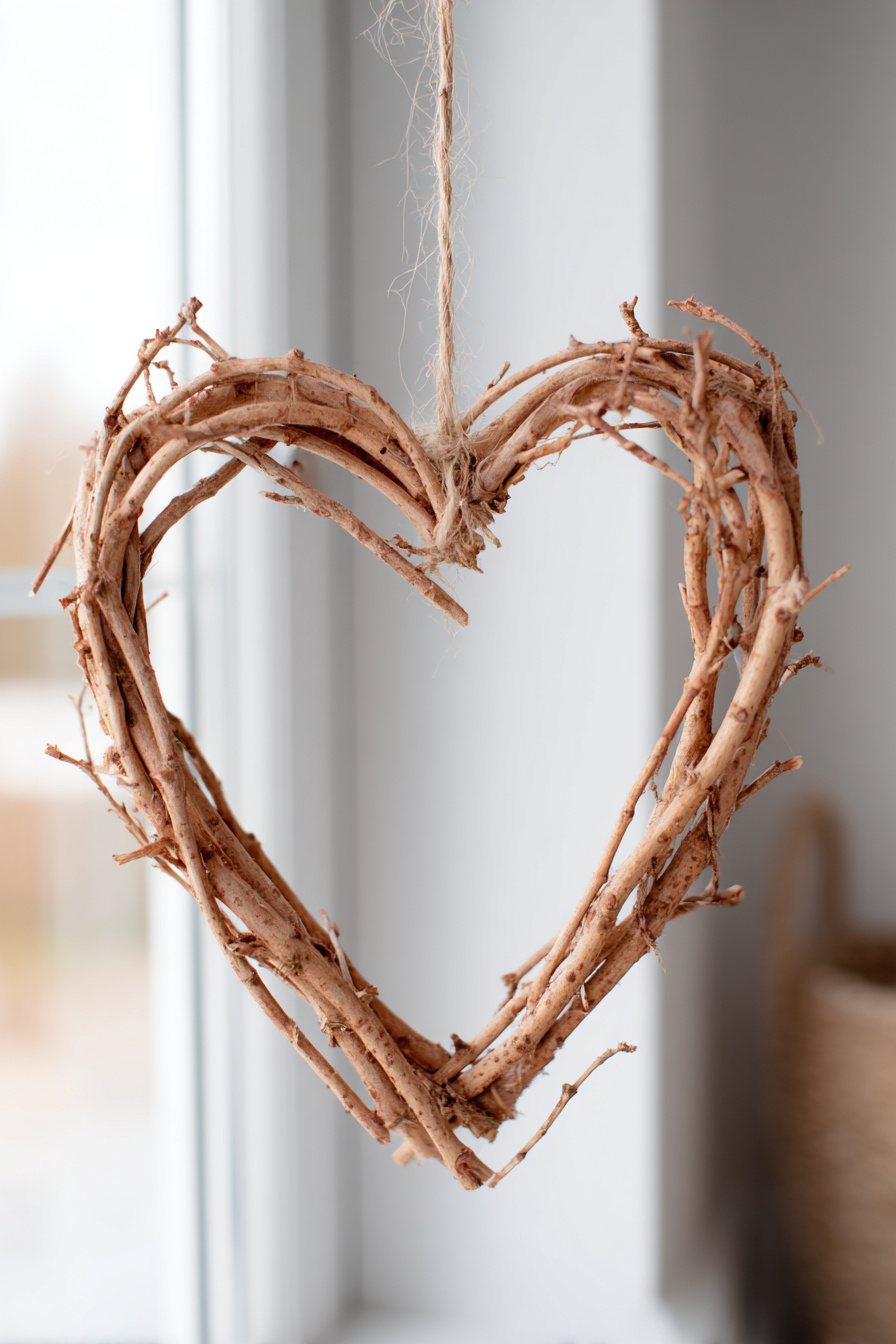 Haselzweig Herzdeko mit sichtbarer Rinde