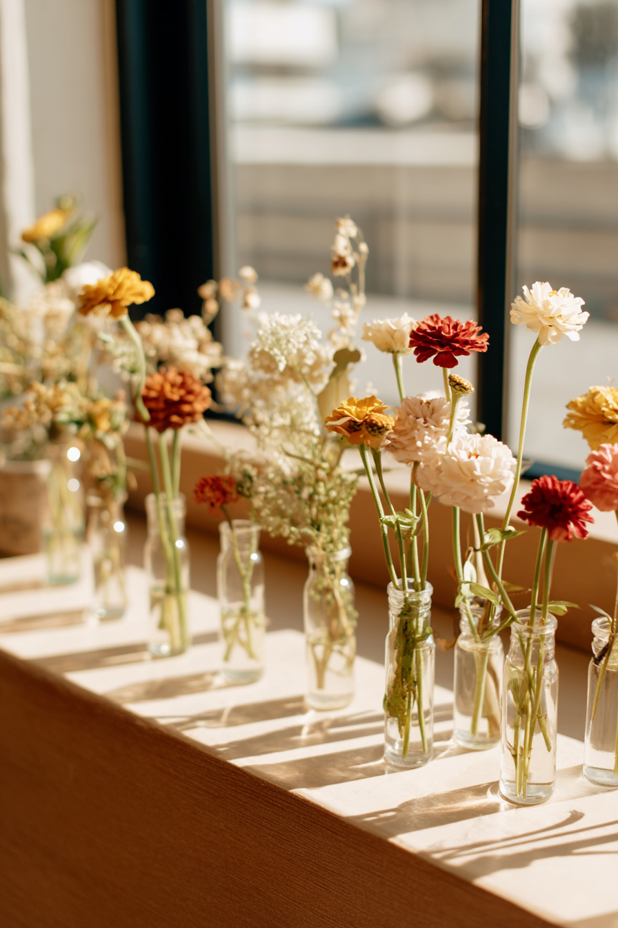 Einzelne Blumenstiele in kleinen Glasvasen rustikal