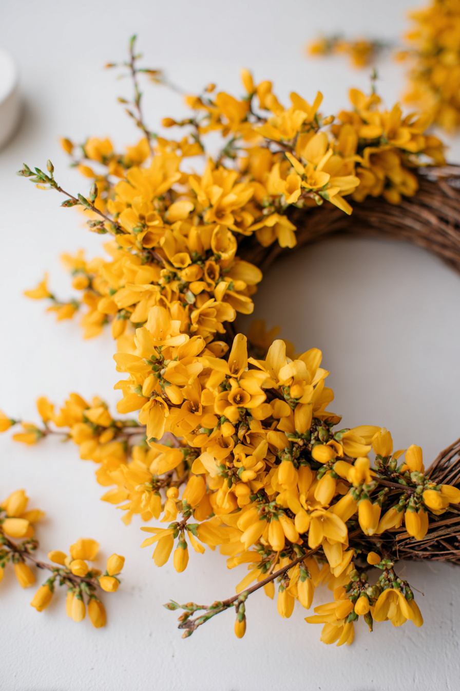 Forsythienkranz mit dichten gelben Blüten für Haustür