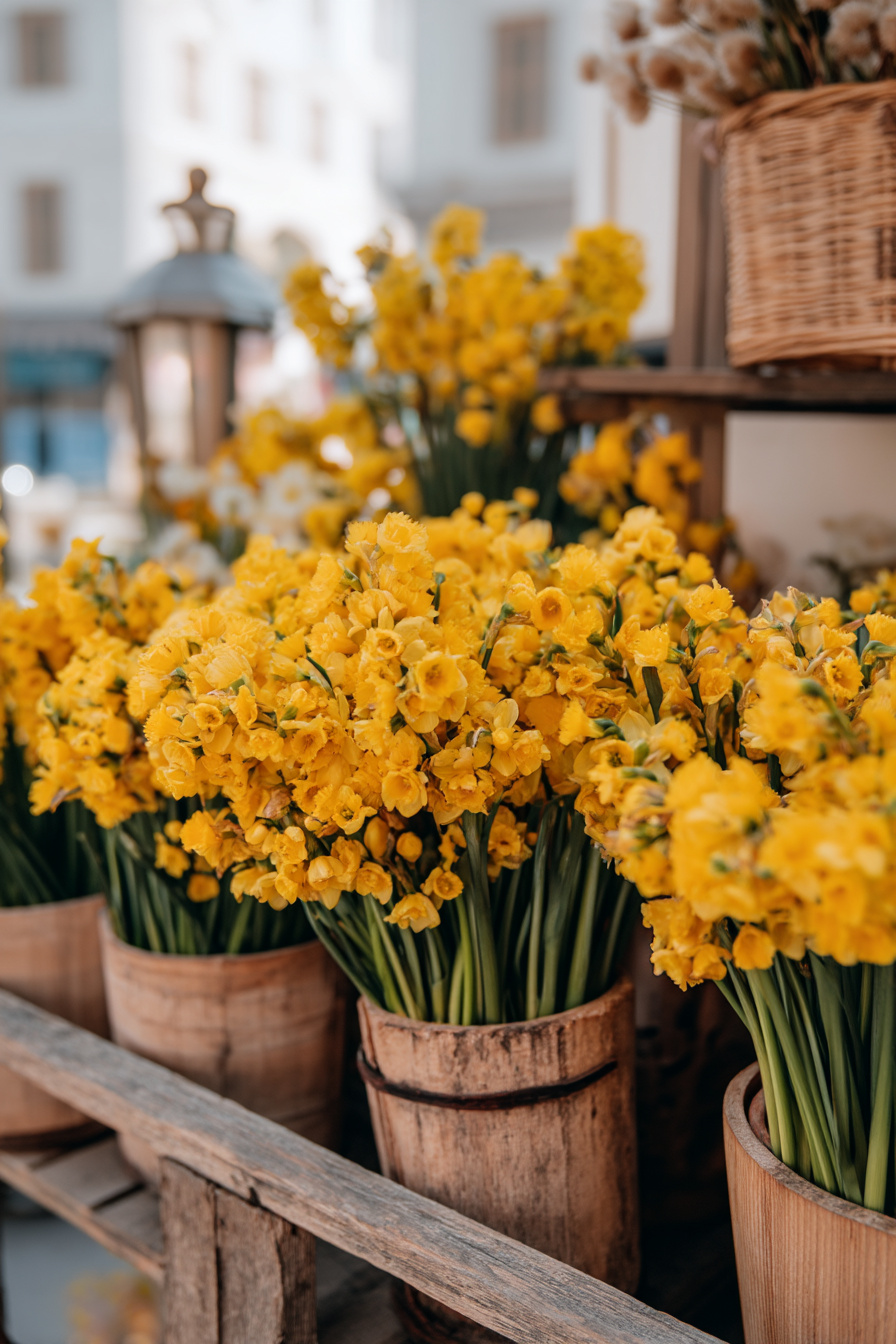 Frische Narzissen in rustikalem Holzgefäß als Frühlingsdeko