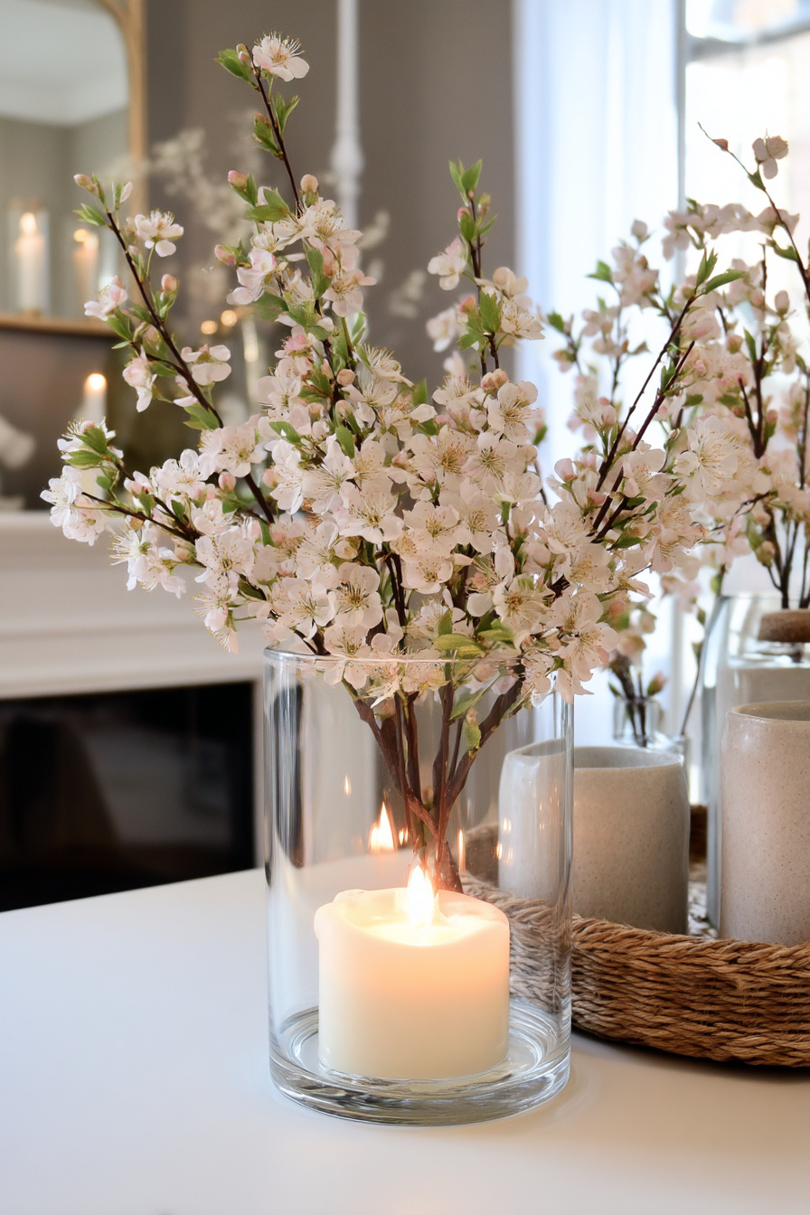 Kerze im Glas mit künstlichen Kirschblütenzweigen