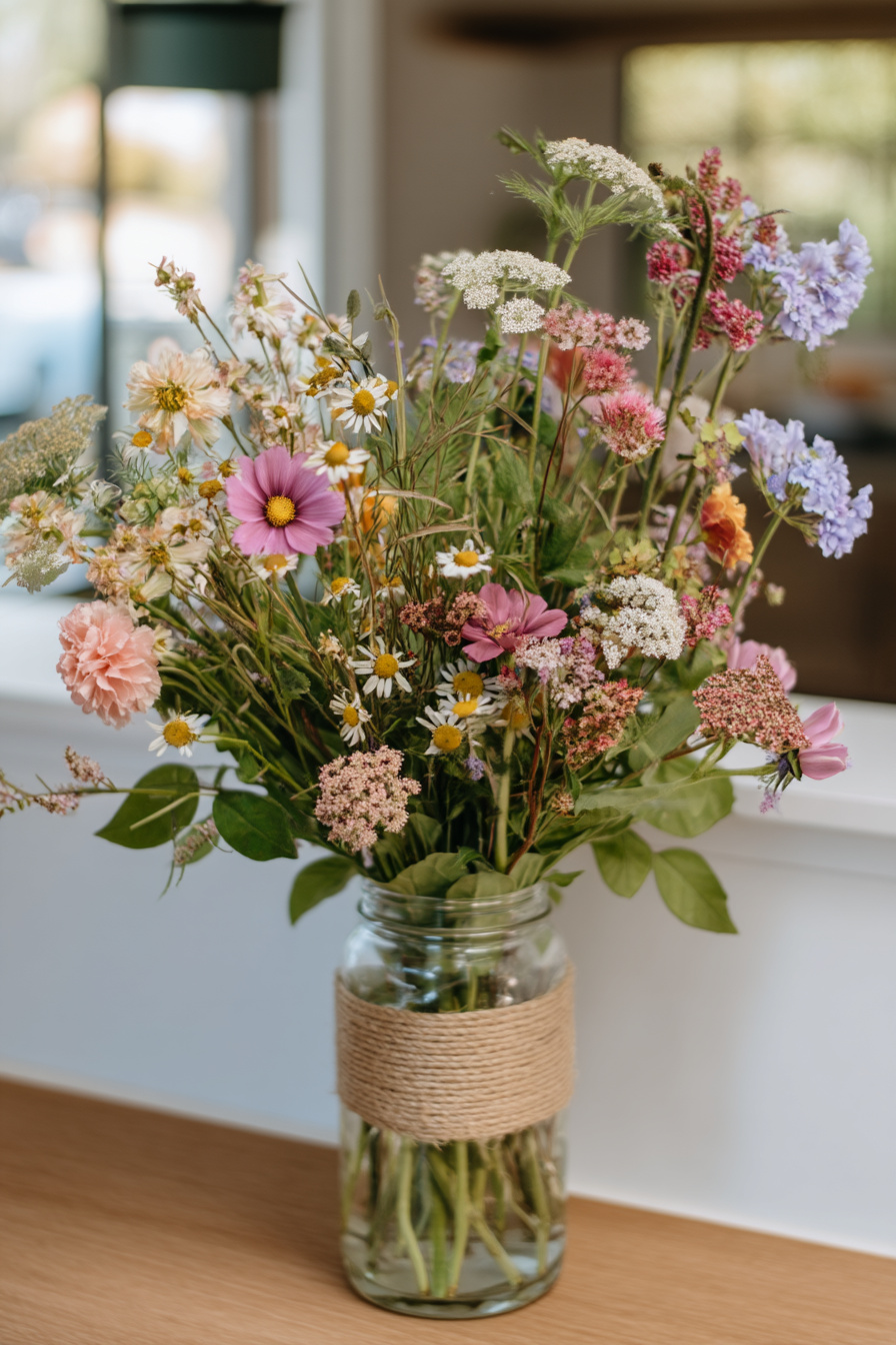 Glasvase mit Wiesenblumen und Sisalband im Frühlingslook