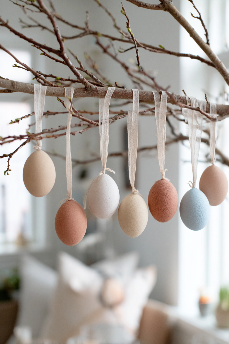 Ast mit pastellfarbenen Ostereiern als Frühlingsdeko