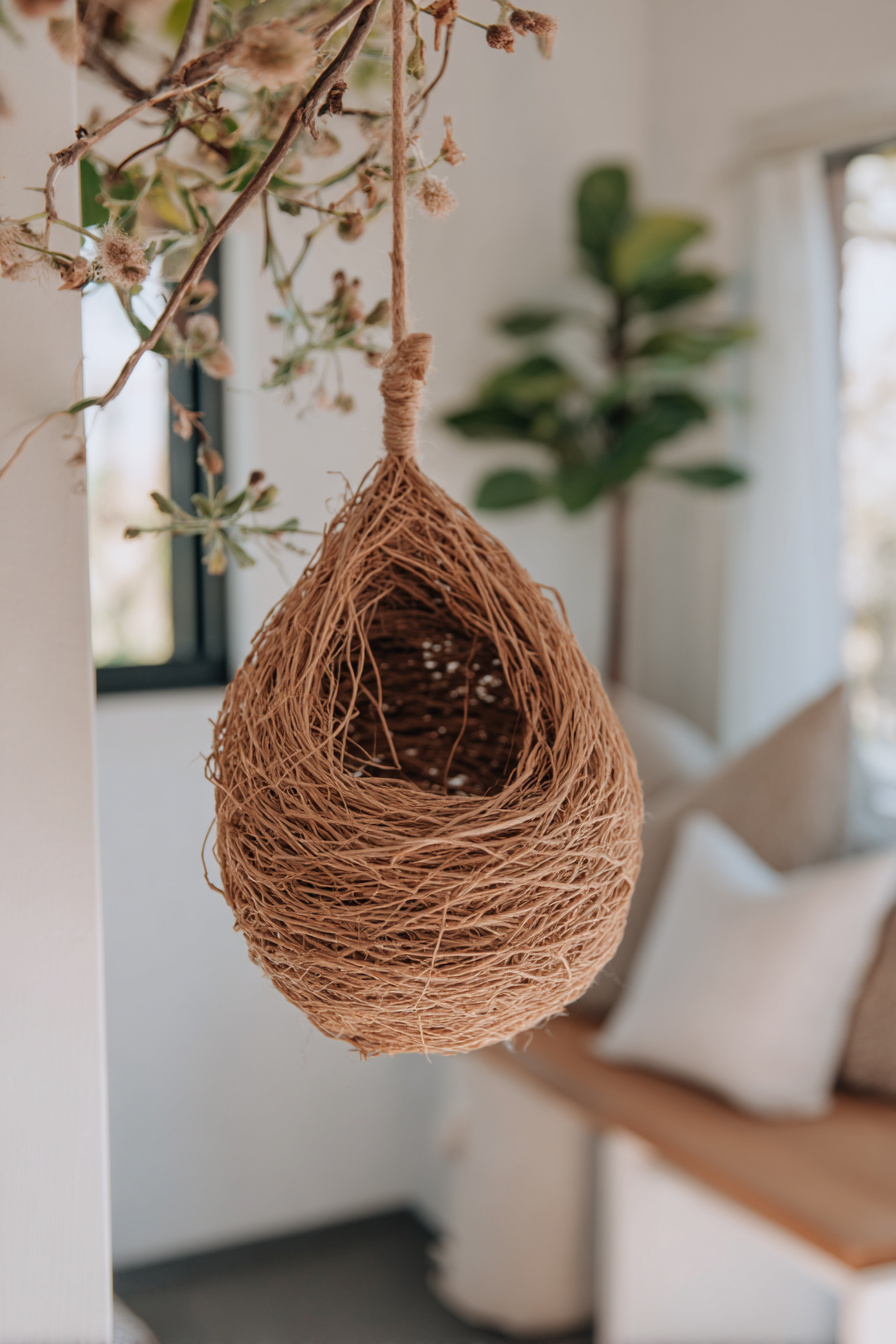 Hängendes Nest aus Zweigen als Frühlingsdeko