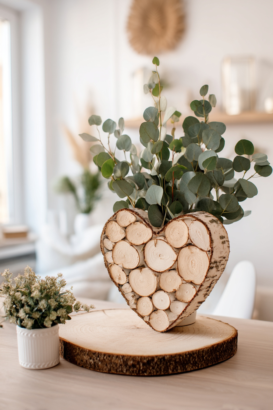 Herz aus Birkenholz-Scheiben als rustikaler Frühlingsaufsteller
