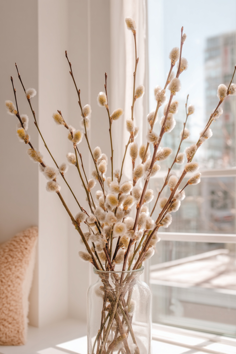 Hohe Glasvase mit Ästen und Weidenkätzchen