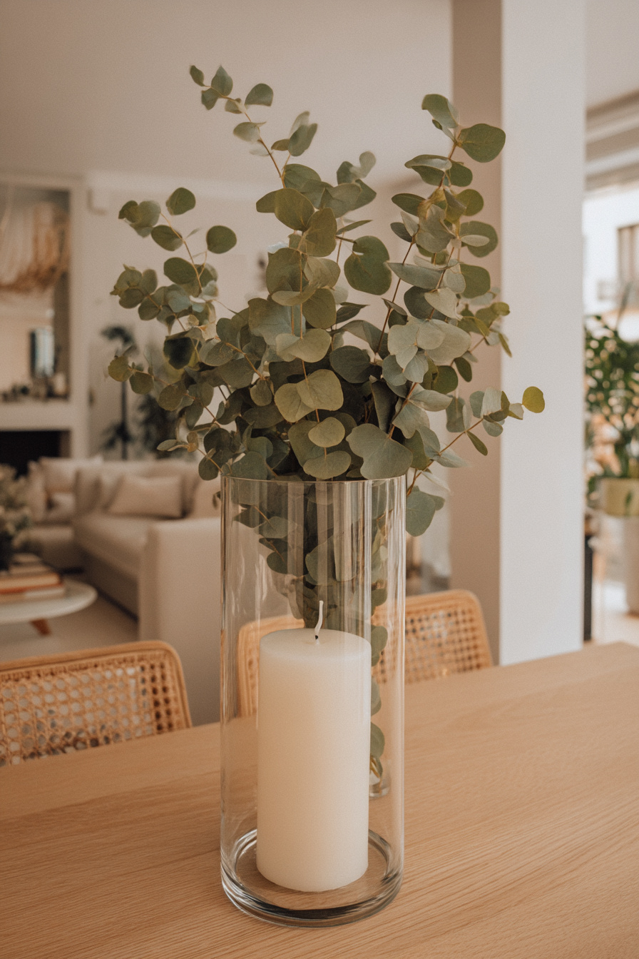 Windlichtglas mit Kerze und Eukalyptus dekoriert