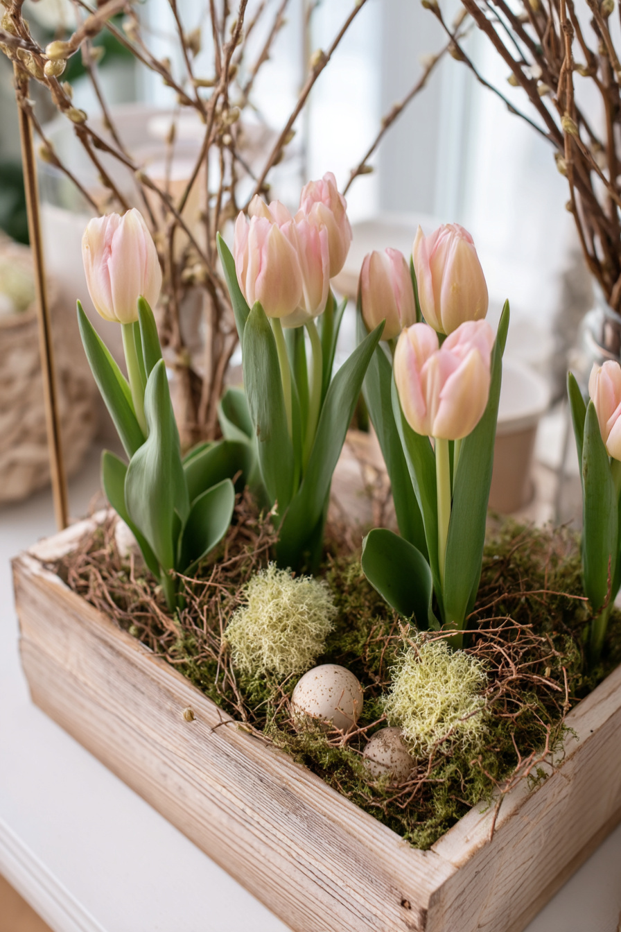 Rustikaler Holzkasten mit Tulpen, Moos und Zweigen