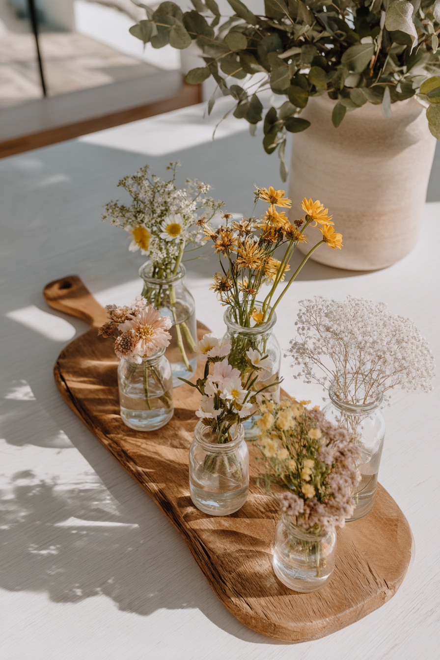 Holztablett mit Glasvasen und Frühlingsblumen