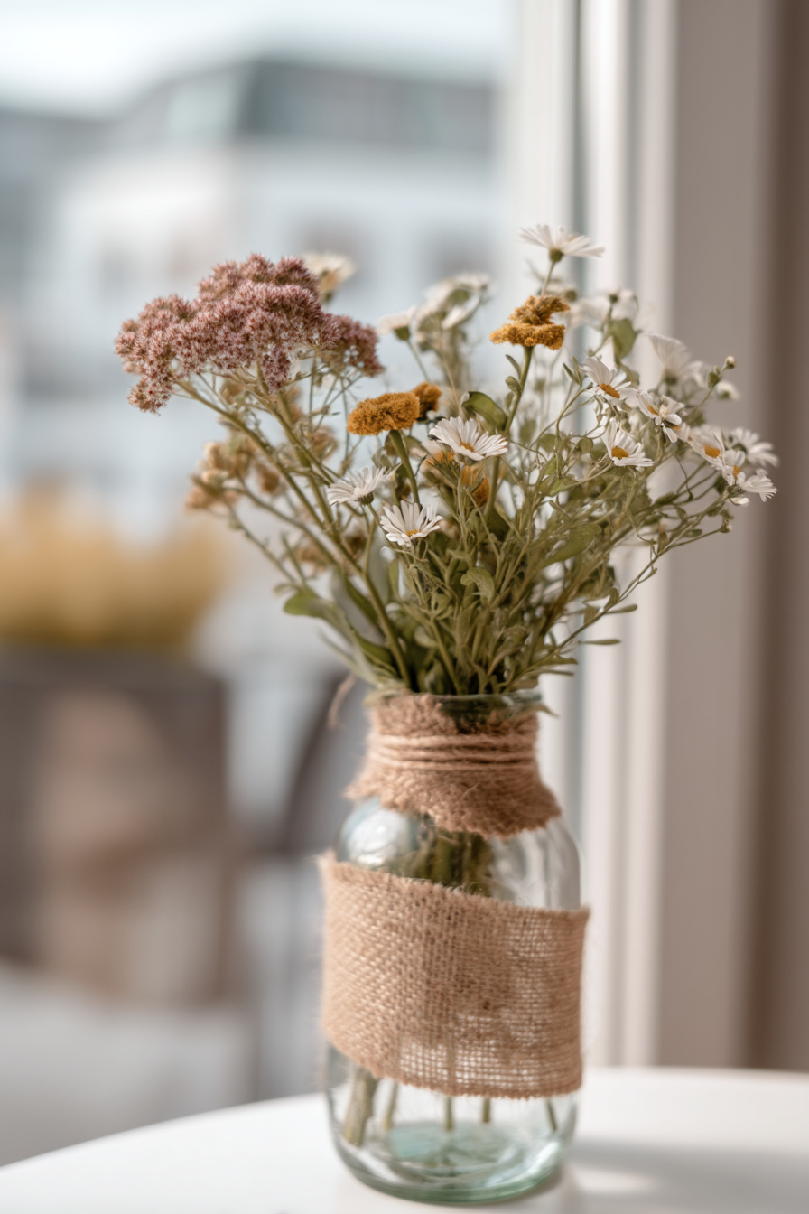 Glasvase mit Juteband und Wildblumen im Detail