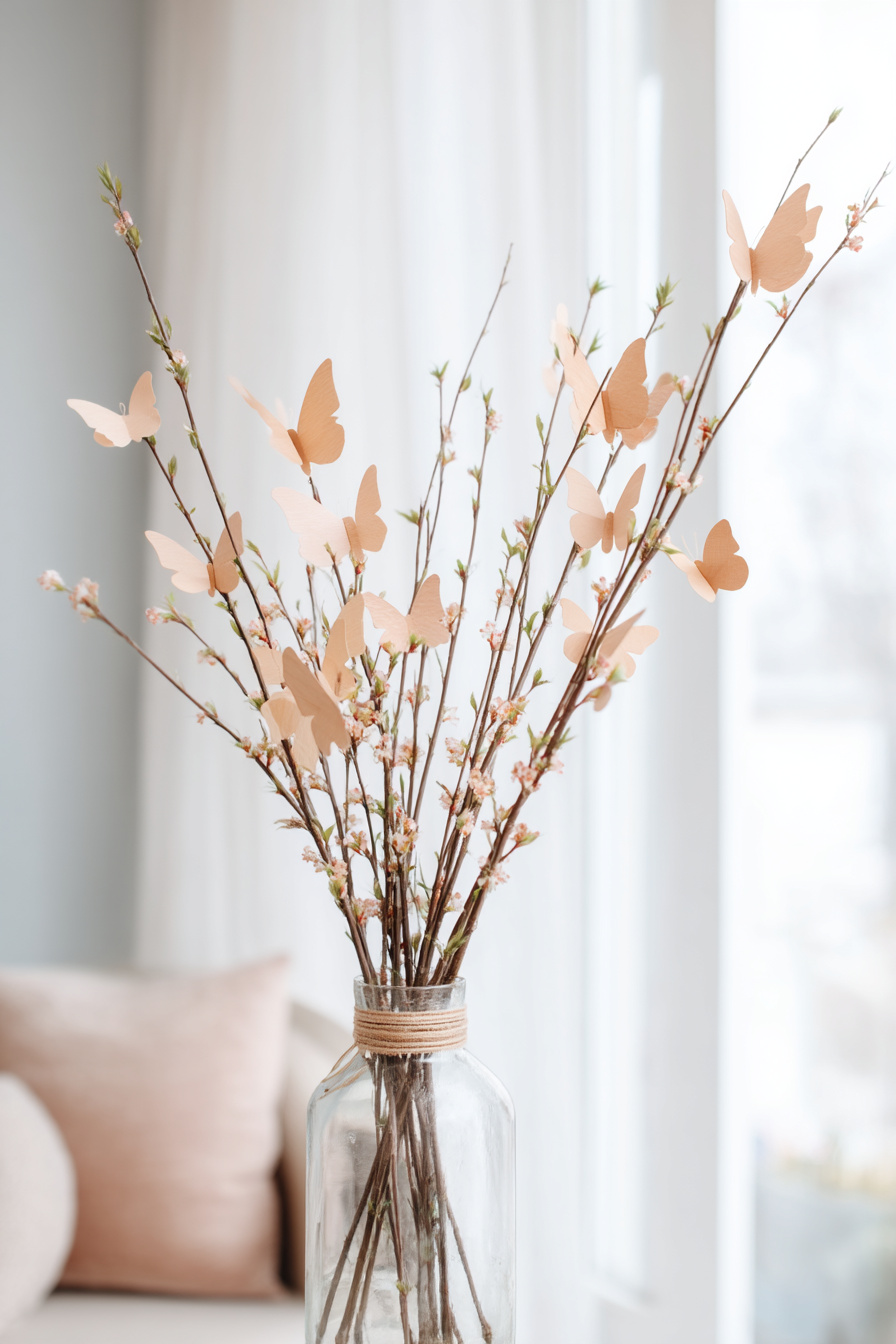 Klarglasvase mit Frühlingszweigen und Papier-Schmetterlingen