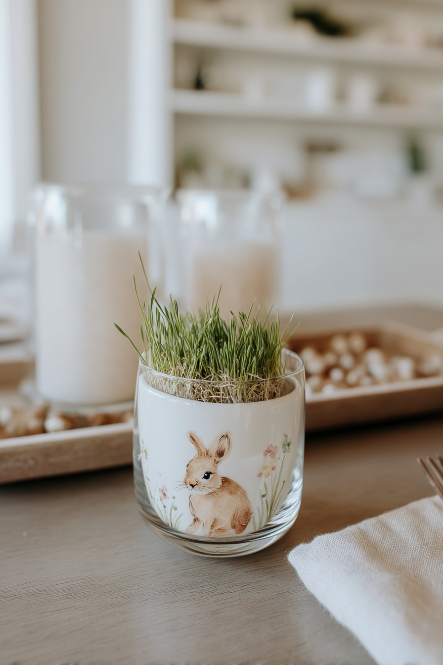 Glas mit Hasenmotiv und Ostergras für Frühling