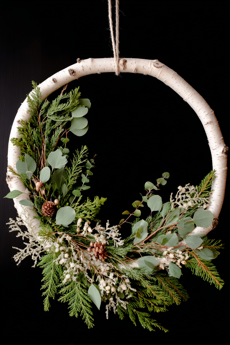 Birkenzweig-Kranz mit minimalistischer Deko vor heller Wand